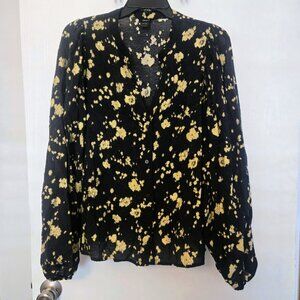 Lindex black floral blouse tunic top with buttons and puffy sleeves Size XL NWOT